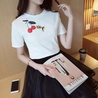 2016夏装新款韩版纯棉t恤卡通图案圆领短袖时尚宽松女装打底上衣