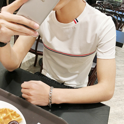 夏季男装男士条纹短袖T恤韩版潮男修身青年圆领半袖体恤打底衫