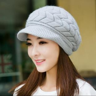 女士韩版秋冬针织鸭舌帽子线箭头帽兔毛帽加厚潮双层保暖护耳帽