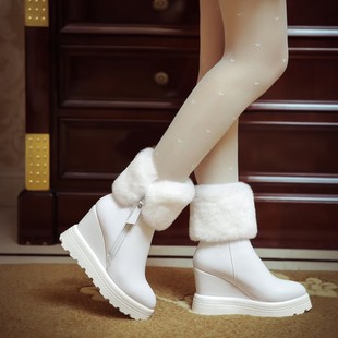 2016冬新款高跟防水台女靴真皮厚底坡跟雪地靴兔毛加绒保暖短筒靴