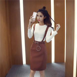 秋季新款2016韩版纯色两件套背带连衣裙女装修身显瘦包裙中长款潮