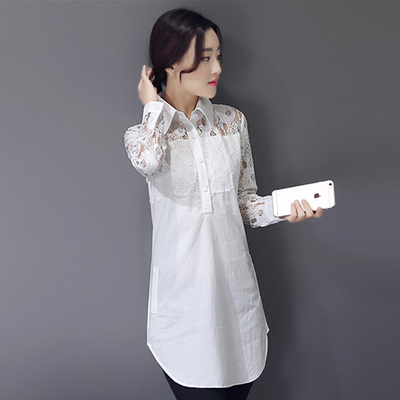 2016夏季新款韩版镂空蕾丝拼接衬衣女士中长款宽松上衣长袖衬衫