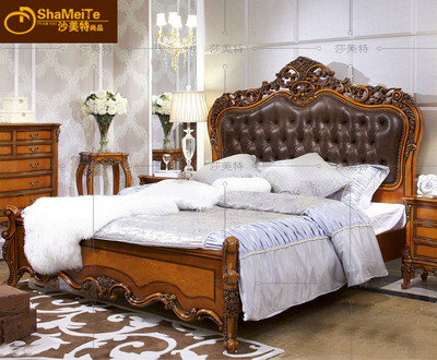 欧式真皮床 实木雕花双人床 奢华浪漫玫瑰婚床美式古典公主床特价
