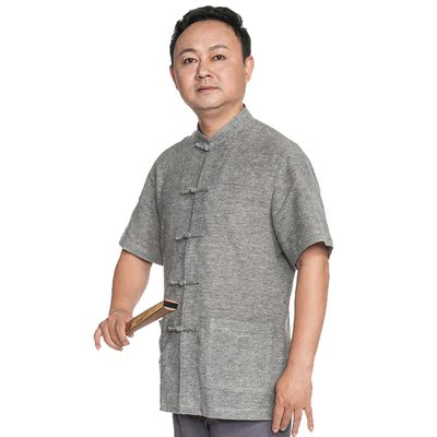 中老年唐装男短袖夏季棉麻上衣大码中式中年休闲男装爸爸亚麻衬衫