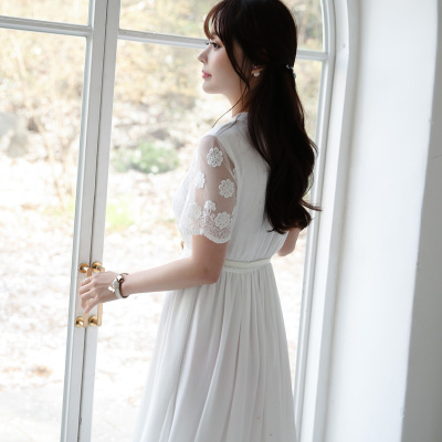 新款时尚修身连衣裙夏韩版中长款短袖高腰纯色气质蕾丝学生a字裙