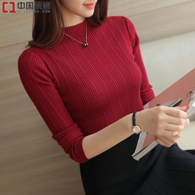 【中国质造】2016韩版秋季女装竖条纹螺纹弹力修身针织衫打底衫