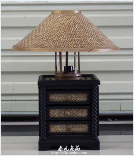 泰国卧室台灯东南亚风格床头台灯手工编织泰式实木雕刻大象木台灯