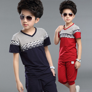 童套装2016夏季新款韩版男童时尚条纹短袖撞色两件套儿童休闲装