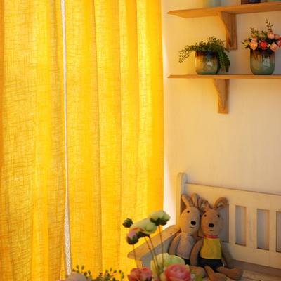 韩式定制做正黄色十字纹棉麻布艺花边拼接半遮光客厅卧室高档窗帘