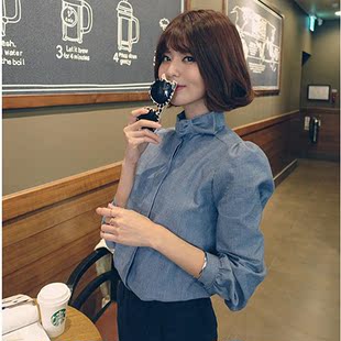 2016春装韩版新款长袖衬衫女复古小清新蝴蝶结细条纹衬衣打底上衣