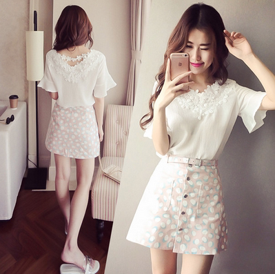 东大门 2016韩版女装夏装新款 宽松V领雪纺T恤+印花小裙 两件套女