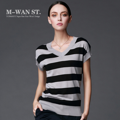 2015夏装新款 黑白条纹短袖罩衫 宽松薄套衫 女装V领t恤衫 针织衫