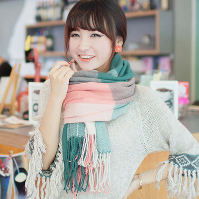 韩版女士春秋针织格子学生文艺冬季保暖加厚围巾夏季空调披肩两用