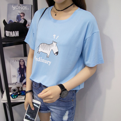 实拍夏新款T恤女韩版纯色动物字母印花韩美有范短袖打底衫上衣