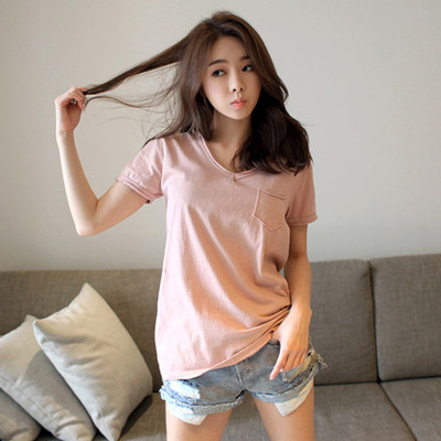 短袖女T恤女夏季新款韩版女式女V领宽松型纯棉纯色女装女衬衫