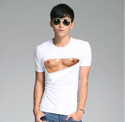 胸肌t恤恶搞情侣T男腹肌短袖3D创意搞怪肌肉纯棉男装t恤 夏 大码