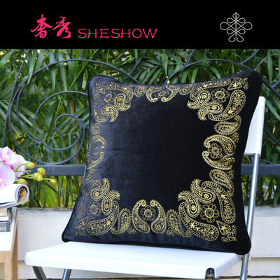 包邮黑色刺绣欧式抱枕套软装原创高端绒布绣花设计师沙发靠包金属