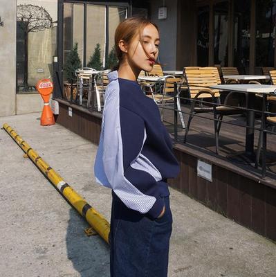 2016韩国秋新款韩版休闲宽松显瘦假两件拼接衬衫立领上衣