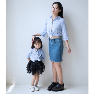 2016春秋亲子装母女装蓝白条纹刺绣衬衫卡通韩版休闲特价满件包邮