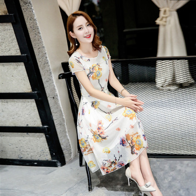 2016夏季新款韩版时尚气质雪纺连衣裙修身显瘦中长款大码女装长裙