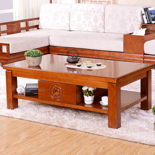 橡胶木实木茶几抽屉简约现代中式雕花茶桌整装小户型客厅实木家具