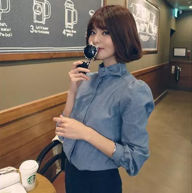 2015韩版长袖衬衫女秋款打底衫复古小清新蝴蝶结细条纹衬衣上衣