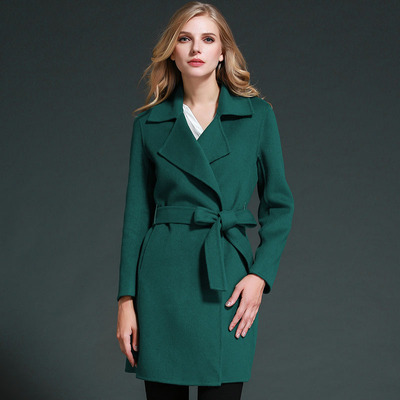 2015新款欧美绿色毛呢外套双面羊绒大衣女 高端 中长款外套尼大衣