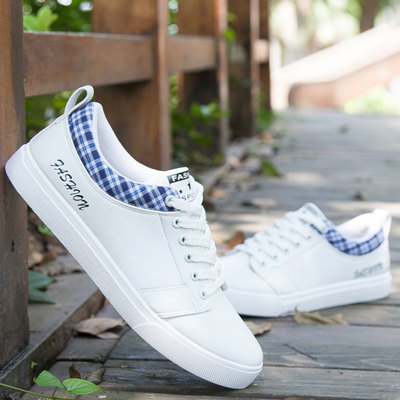 最新款白色运动男鞋青少年韩版系带休闲板鞋初中高中学生PU皮鞋子