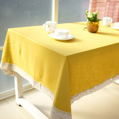 日式环保姜黄色棉麻布艺花边桌布成品 定制餐厅高档韩式田园台布