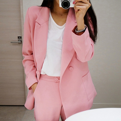 2016春装时尚潮休闲简约韩版双排扣两件套西服宽松西装套装女韩国