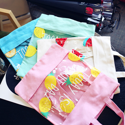 韩国夏日水果单肩包小清新软妹透明拼接帆布购物袋果冻可爱女包包