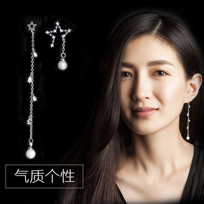 日韩国时尚缺角星星长款流苏珍珠耳坠925银针不对称耳钉耳环耳饰