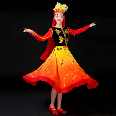 新款新疆舞蹈演出服成人广场舞维族大摆裙长裙新疆维吾尔族服装女