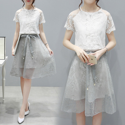 2016夏季新款 韩版新款短袖连衣裙 蕾丝衫配半身