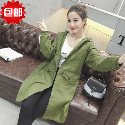 秋装新款韩版时尚百搭字母印花拼色长袖中长款显瘦连帽风衣外套女