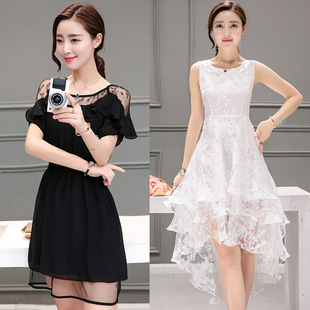 2016夏季新款 韩版时尚性感雪纺连衣裙 修身显瘦中长款蕾丝裙子