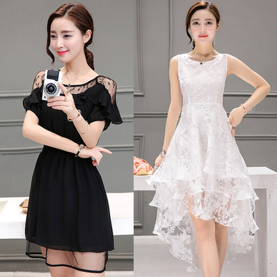 2016夏季新款 韩版时尚性感雪纺连衣裙 修身显瘦中长款蕾丝裙子