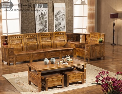 中式雕花全实木转角贵妃沙发带储物空间香樟木自由组合沙发特价