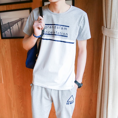 青少年夏季短袖t恤休闲服套装男潮 韩版修身男学生运动夏装
