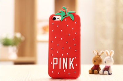 Pink草莓iphone5s手机壳 可爱苹果5s硅胶套 小清新软壳 水果外壳