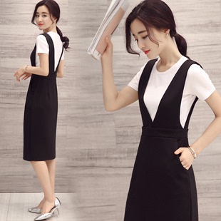 连衣裙女夏2016新款韩版时尚中长款背带包臀裙修身显瘦两件套裙潮