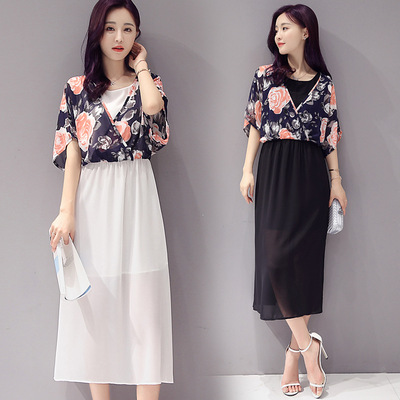 2016夏季韩版新款女装印花连衣裙雪纺假两件连衣裙夏