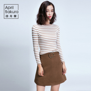 四月樱时髦修身精细对条条纹毛衣秋冬韩国东大门长袖打底衫女装