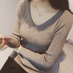 韩版学生长袖套头针织打底衫女秋冬装上衣紧身显瘦弹力T恤小衫潮