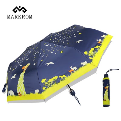 创意可爱长颈鹿卡通雨伞自动两用晴雨伞 黑胶防紫外线防晒折叠伞