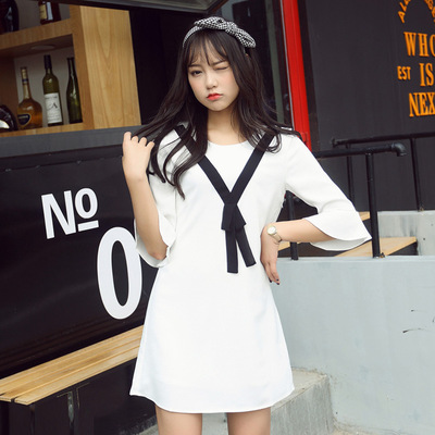 2016夏季新款韩版女装连衣裙圆领荷叶袖通勤单件拼接纯色套头短裙