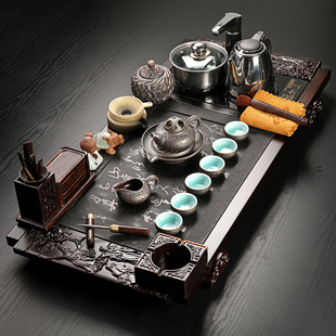 乌金石茶盘茶具套装石头紫砂汝窑陶瓷整套茶具电磁炉黑檀实木茶盘