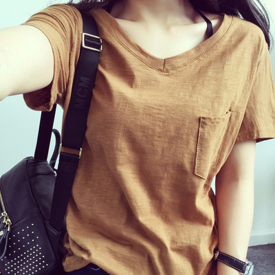 夏季新款V领简约纯色短袖T恤女装韩版学生大码宽松显瘦半袖上衣潮