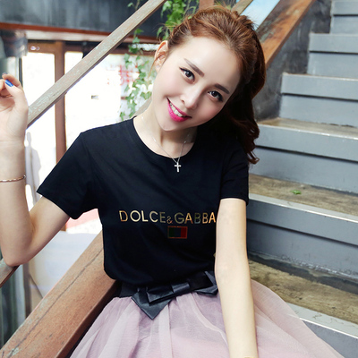 2015夏季新款潮韩版修身简约休闲纯黑色字母印花圆领T恤 女 短袖