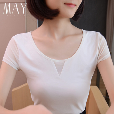 网纱t恤女短袖2016夏季韩版大码修身显瘦莫代尔纯棉圆领短款上衣